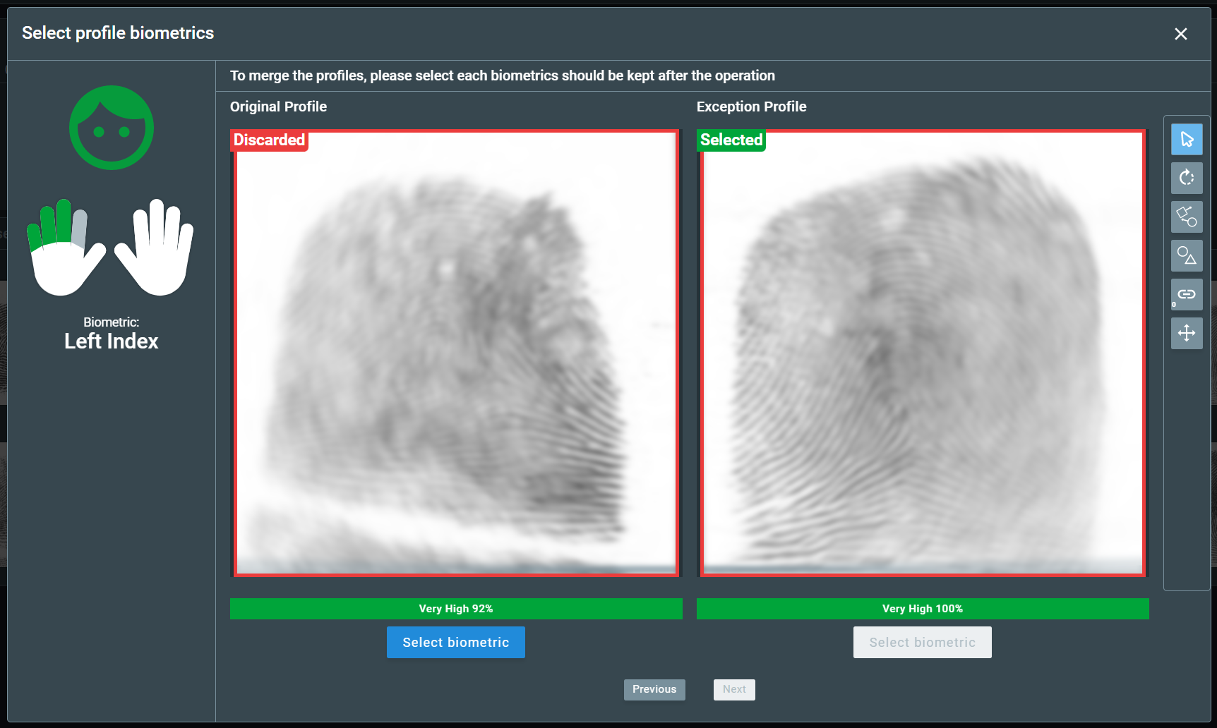 select biometrics pop-up menu
